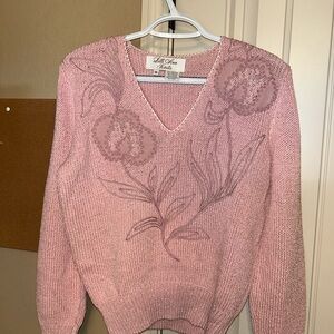 VTG Pink V-Neck Floral Appliqué Sweater